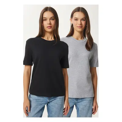 Happiness İstanbul Women Black Grey Melange 2-Pack Cotton Basic Knitted T-Shirt