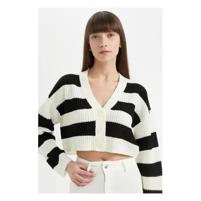 DEFACTO Regular Fit V Neck Striped Buttoned Knitted Cardigan