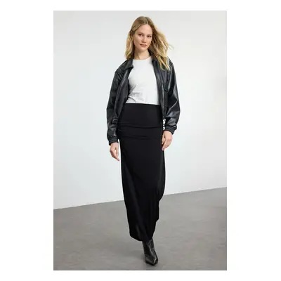 Trendyol Black Premium Shiny Surface and Soft Texture Draped Maxi Knit Skirt