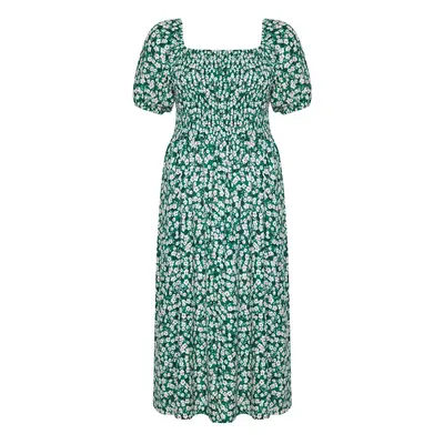 Trendyol Curve Green Floral Patterned Woven Chest Dress