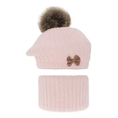 AGBO Girl's winter set: hat and tube scarf pink Polinezja with pompom