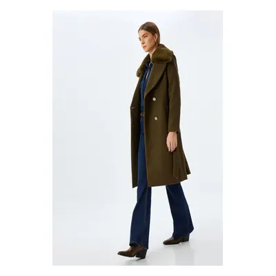 Koton Long Cashmere Coat Detachable Faux Für Collar Double Breasted Buttoned Belt Pocket