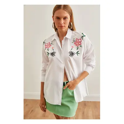 Olalook Women's Lily White Embroidery Detailed Oversize Woven Shirt