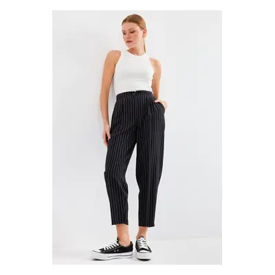 Bigdart High Waist Striped Fabric Trousers - Black