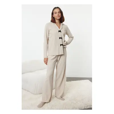 Trendyol Beige Ribbon/Bow Waffle Fabric Knitted Pajama Set