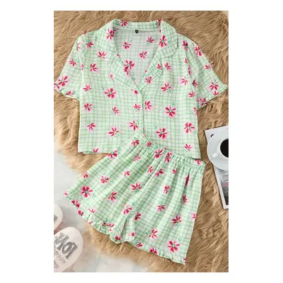 Trendyol Mint Floral Ruffle Viscose Shorts Woven Pajama Set