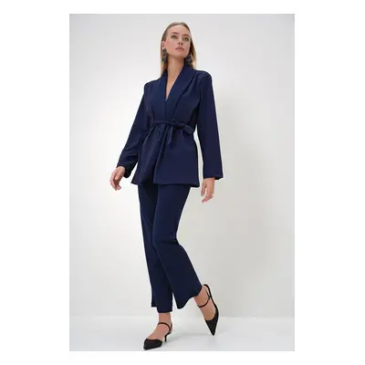 Trend Alaçatı Stili Women's Navy Blue Shawl Collar Self-Belted Jacket and Palazzo Trousers Set