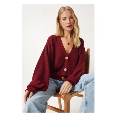 Happiness İstanbul Women's Burgundy V-Neck Buttoned Knitwear Cardigan