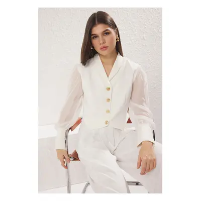 Trendyol White Metal Button Detailed Transparent Sleeve Crop Blazer Jacket