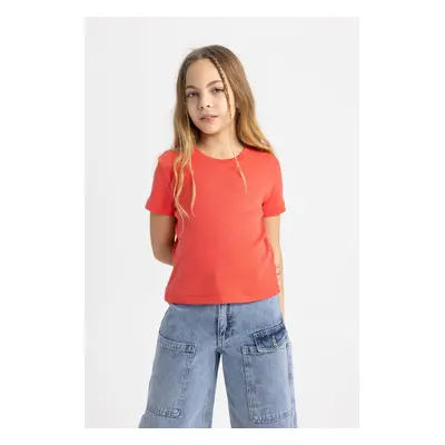 DEFACTO Girl Slim Fit Crew Neck Ribbon Basic Short Sleeve T-Shirt