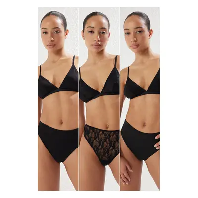 Trendyol Black 3-Pack Lace, Cotton and Micro Fabric Thong Knitted Panties