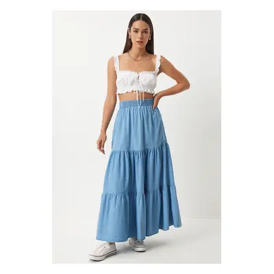 Happiness İstanbul Women's Blue Flounce Long Denim Skirt