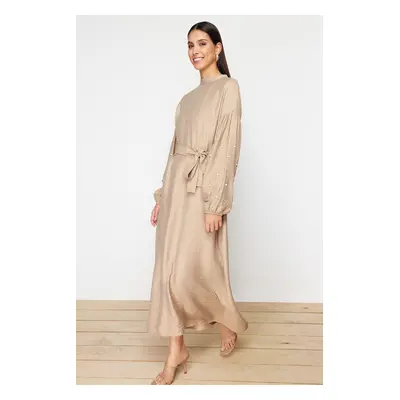 Trendyol Beige Belted Pearl and Stone Detailed Woven Dress