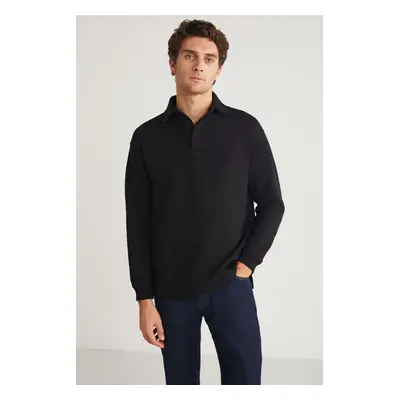 GRIMELANGE JOHN Men's Polo Sweat Shirt Collar Long Back Slit Diagonel Fabric Black Sweatshirt