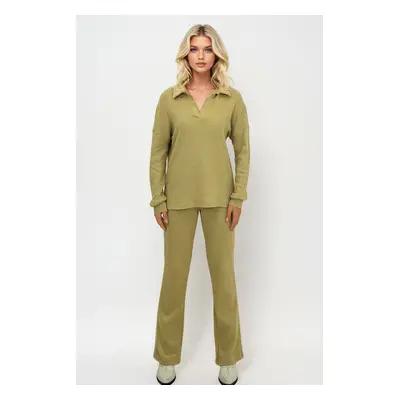 Trend Alaçatı Stili Women's Oil Green Polo Neck Top and Palazzo Pants Knitwear Bottom Top Set