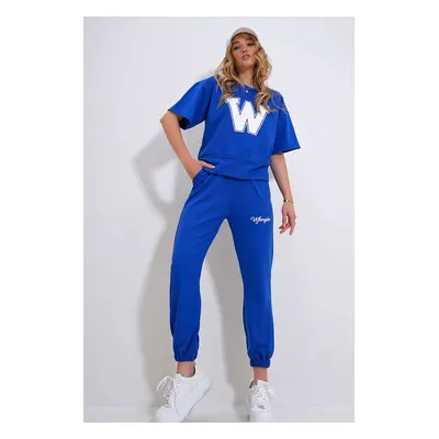 Trend Alaçatı Stili Women's Blue Printed T-Shirt And High Waist Jogging Suit