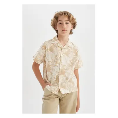 DEFACTO Boy's Polo Collar Patterned Linen Look Short Sleeve Shirt