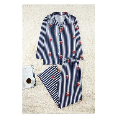 Trendyol Curve Navy Blue Striped Teddy Bear Patterned Shirt Collar Knitted Pajama Set