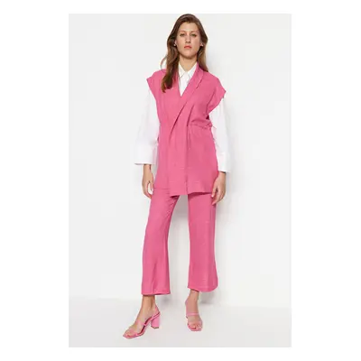 Trendyol Fuchsia Inside Tied Linen Look Kimono-Pants Woven Suit