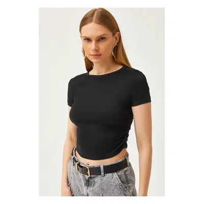 Olalook Women's Black Gathered Side Soft Button Crop T-Shirt