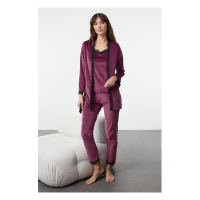 Trendyol Damson Pack Belted Lace Rope Strap Velvet Knitted Pajama Set