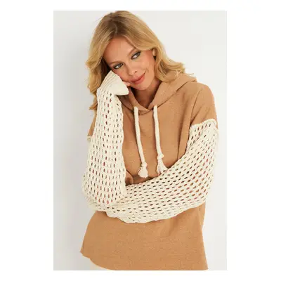 Cool & Sexy Women's Camel Sleeve Openwork Hooded Sweatshirt YLE12