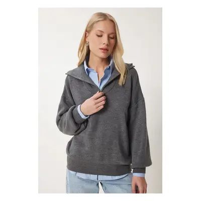 Happiness İstanbul Women's Anthracite Zippered Collar Basic Knitwear Sweater