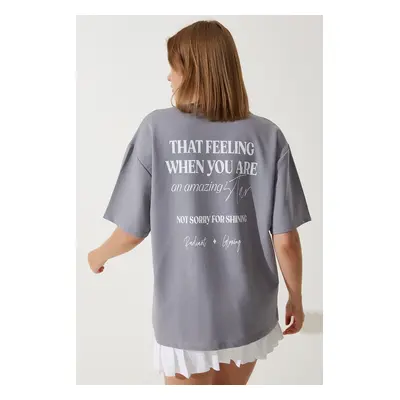 Happiness İstanbul Women's Gray Printed Oversize Two Thread Knitted T-Shirt