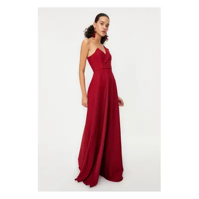 Trendyol Burgundy A-Cut Neck Detailed Long Evening Dress