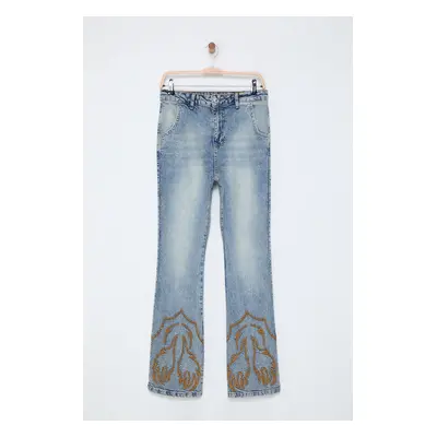 Trendyol Blue Embroidered High Waist Flare Jeans