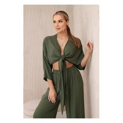 Włoski Viscose set blouse tied at the bottom + trousers khaki