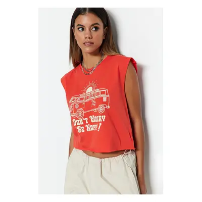 Trendyol Red 100% Cotton Printed Sleeveless Crop Crew Neck Knitted T-Shirt