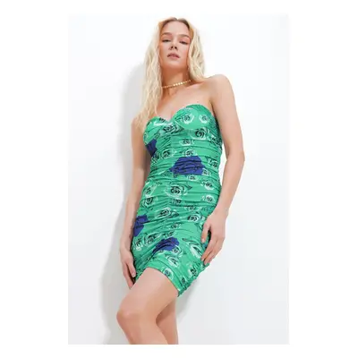 Trend Alaçatı Stili Women's Green Strapless Bra Draped Floral Mini Dress