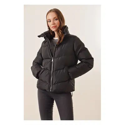 Bigdart Stand Collar Zippered Puffer Jacket - Black