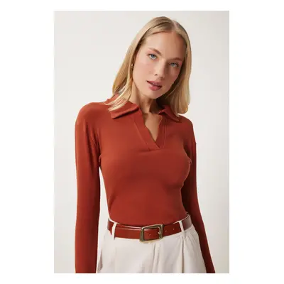 Happiness İstanbul Women's Tile Polo Neck Ribbed Knitted Blouse