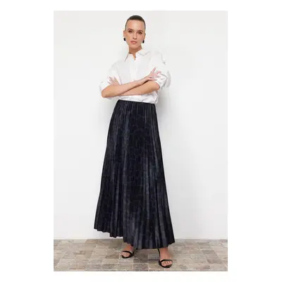 Trendyol Dark Navy Blue Pleated Animal Print Printed Flexible Knitted Skirt