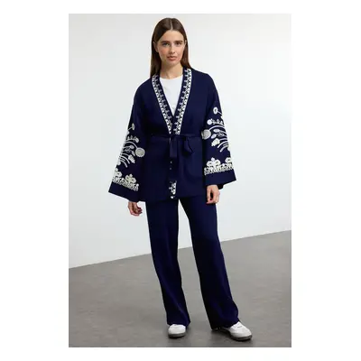 Trendyol Navy Blue Double Breasted Belted Embroidered Knitwear Top-Bottom Set