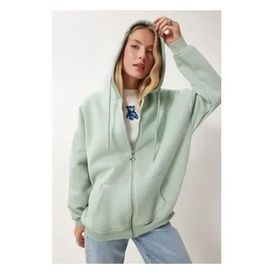 Happiness İstanbul Women's Water Green Hooded Zippered Oversize Sweatshirt