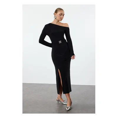 Trendyol Black Plain Belted Midi Belt Detailed Body-Fitting Flexible Maxi Knit Dress