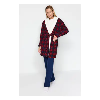 Trendyol Red Belted Plaid Patterned Fleece Knitted Dressing Gown