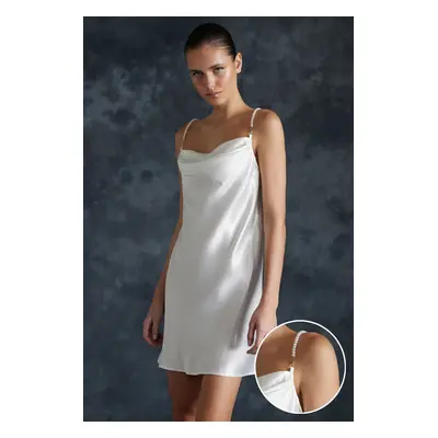 Trendyol Bride White Satin Woven Nightgown with Removable and Adjustable Pearl Strap Detail