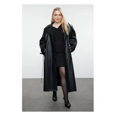 Trendyol Curve Black Regular Fit Maxi Length Faux Leather Plus Size Trench Coat