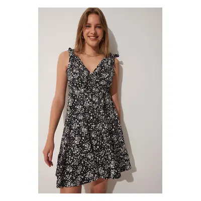 Happiness İstanbul Women's Black Summer Floral Viscose Dress