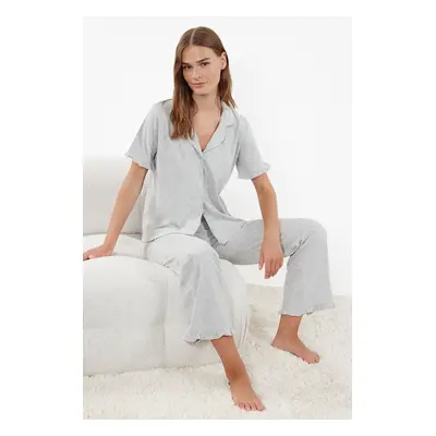 Trendyol Gray Melange 100% Cotton Ruffle Detailed Knitted Pajamas Set