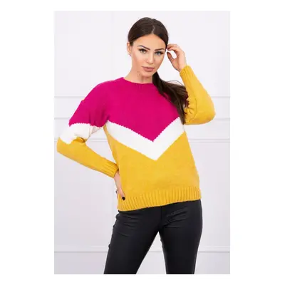 Sweater with geometric fuchsia + mustard patterns