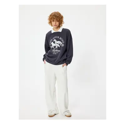 Koton Oversize Polo Neck Sweatshirt College Themed Printed Ribbon