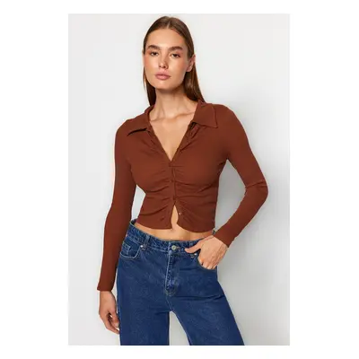 Trendyol Brown Fitted Crop Polo Neck Ribbed Cotton Stretch Knitted Blouse