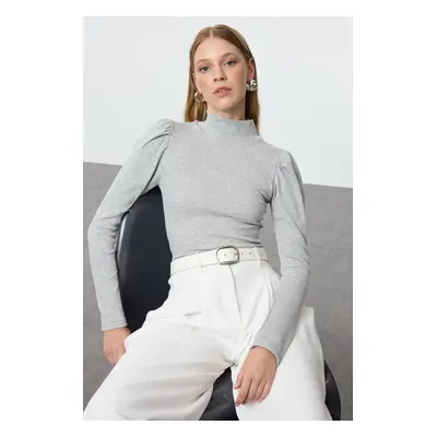 Trendyol Gray Melange Fitted High Collar Balloon Sleeve Ribbed Stretchy Knitted Blouse