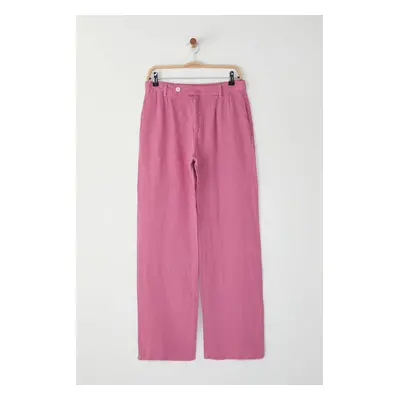 Trendyol Pale Pink 100% Linen Pleated High Waist Wide Leg Trousers