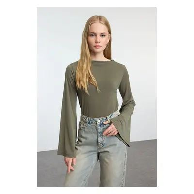 Trendyol Khaki Relaxed/Comfortable Fit Spanish Sleeve Stretchy Knitted Blouse